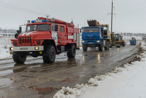 Выезд колонны аварийной и спецтехники к месту ликвидации условной аварии